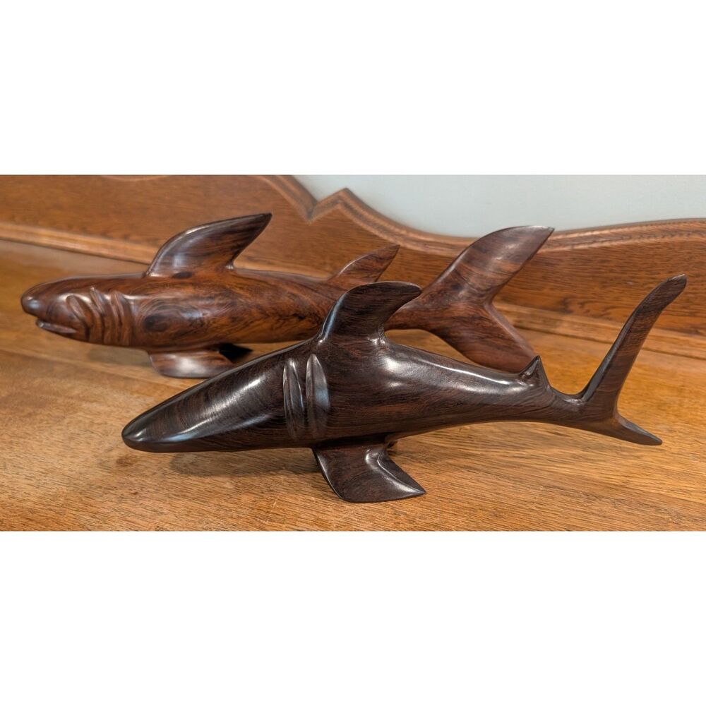 Pair Vintage Hand Carved Ironwood Shark Sculptures Figurines Nautical Decor